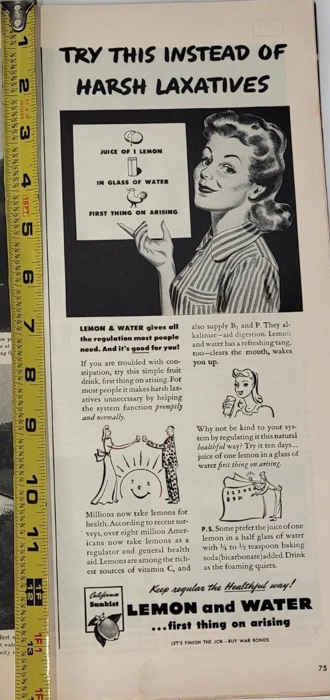 1944 California Sunkist Lemon Water Avoid Harsh Laxatives Vintage Print Ad