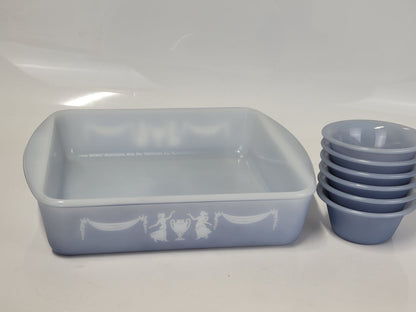VINTAGE GLASBAKE J-247 BAKING DISH & 286 Mini Bowls Blue With Design MADE IN USA