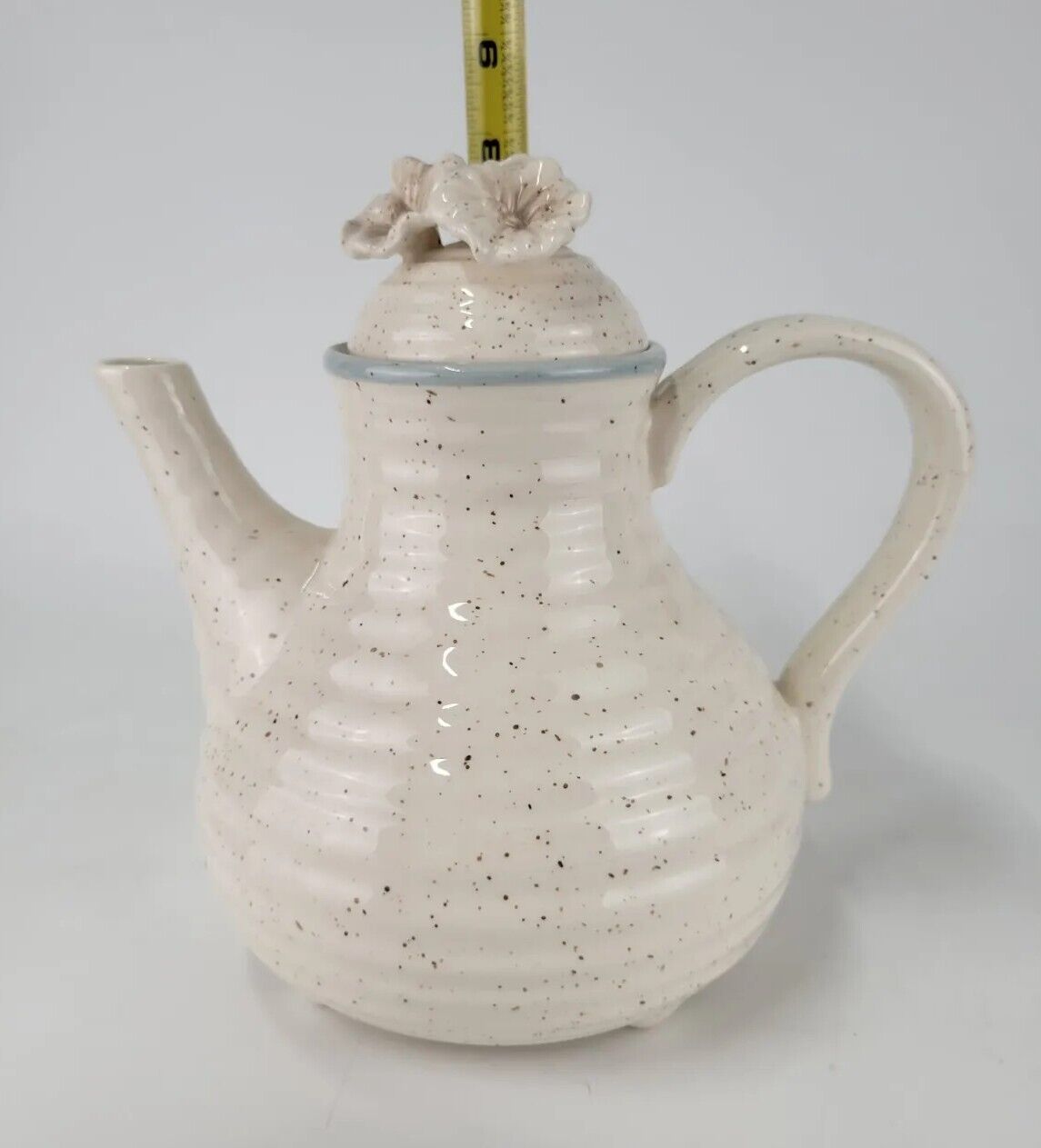 GRASSLANDS ROAD CREAM SPECKLED WITH BLUE RIM POTTERY THROWN TEAPOT