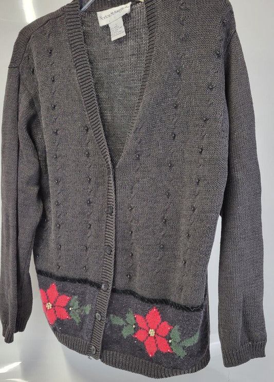 Vintage Norton McNaughton Christmas Cardigan Sweater Poinsettias Large