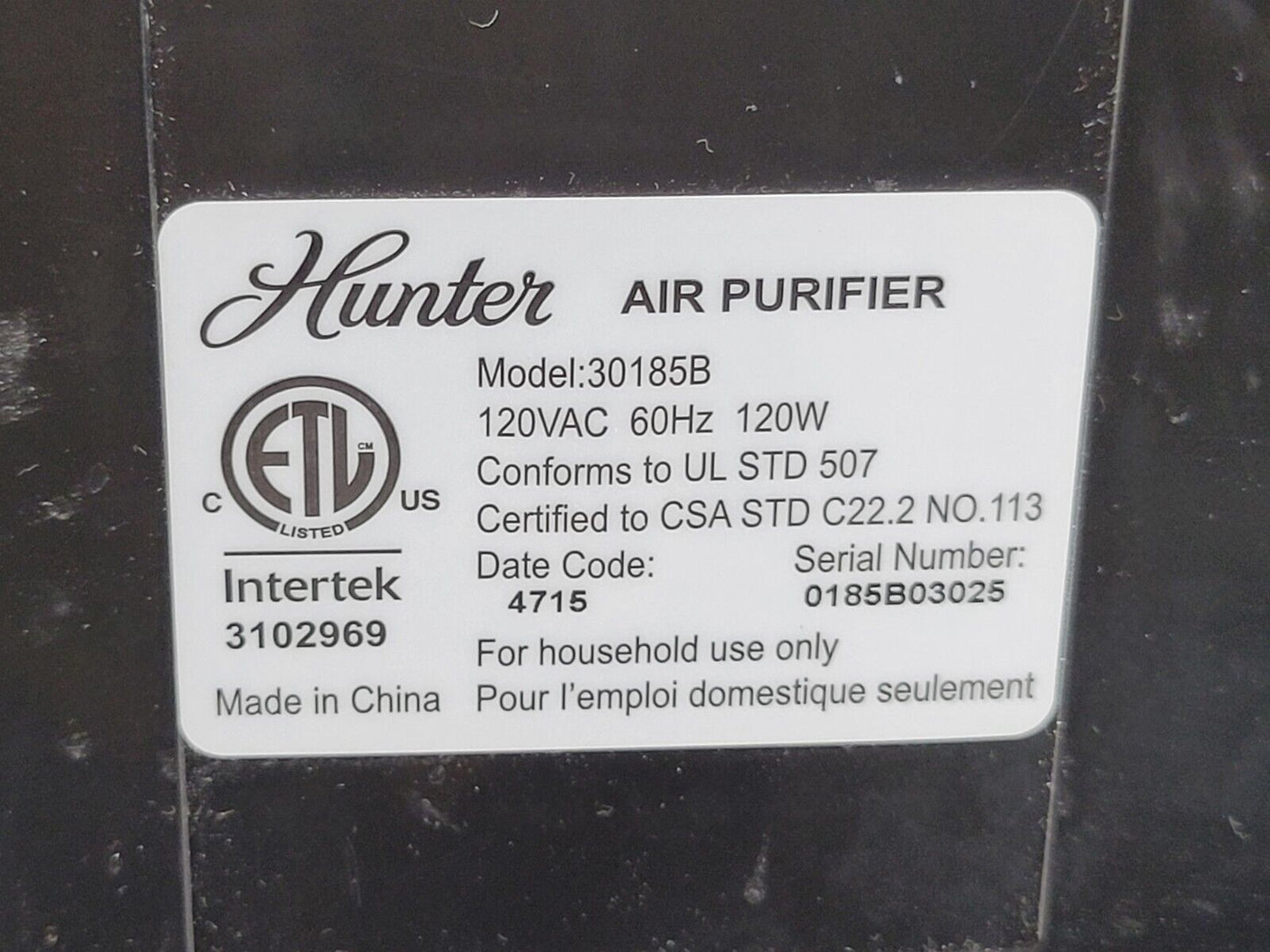 Hunter Air Purifier 30185B HEPA Tech Air Purification System 3 Speed