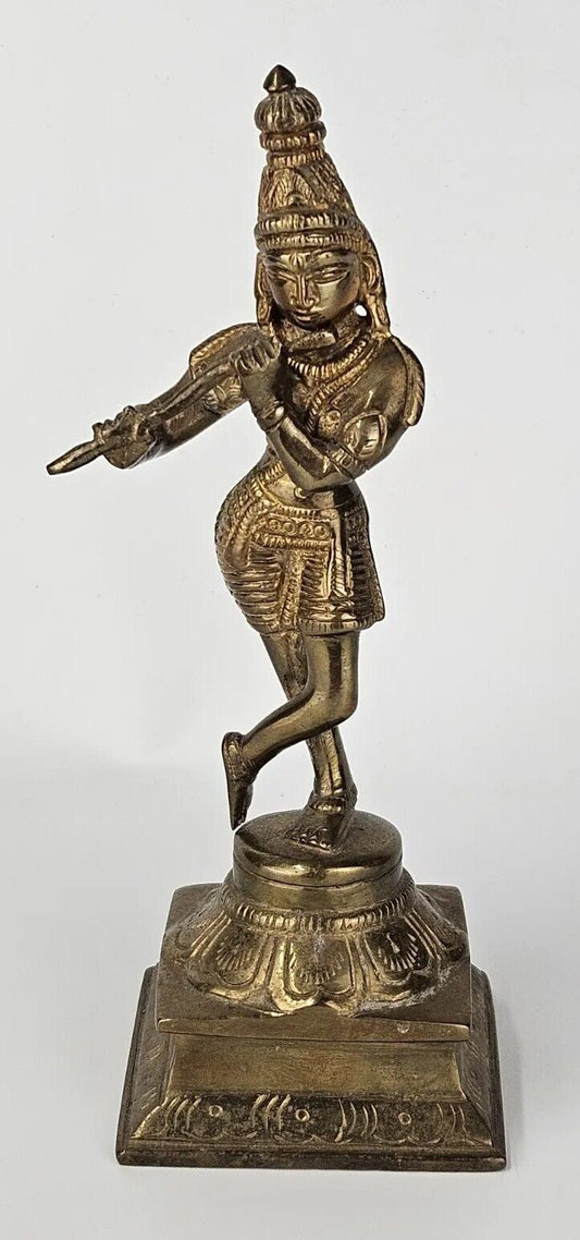 Heavy Solid Bronze/Brass Lord Krishna Playing Flute Sculpture Figurine 6"