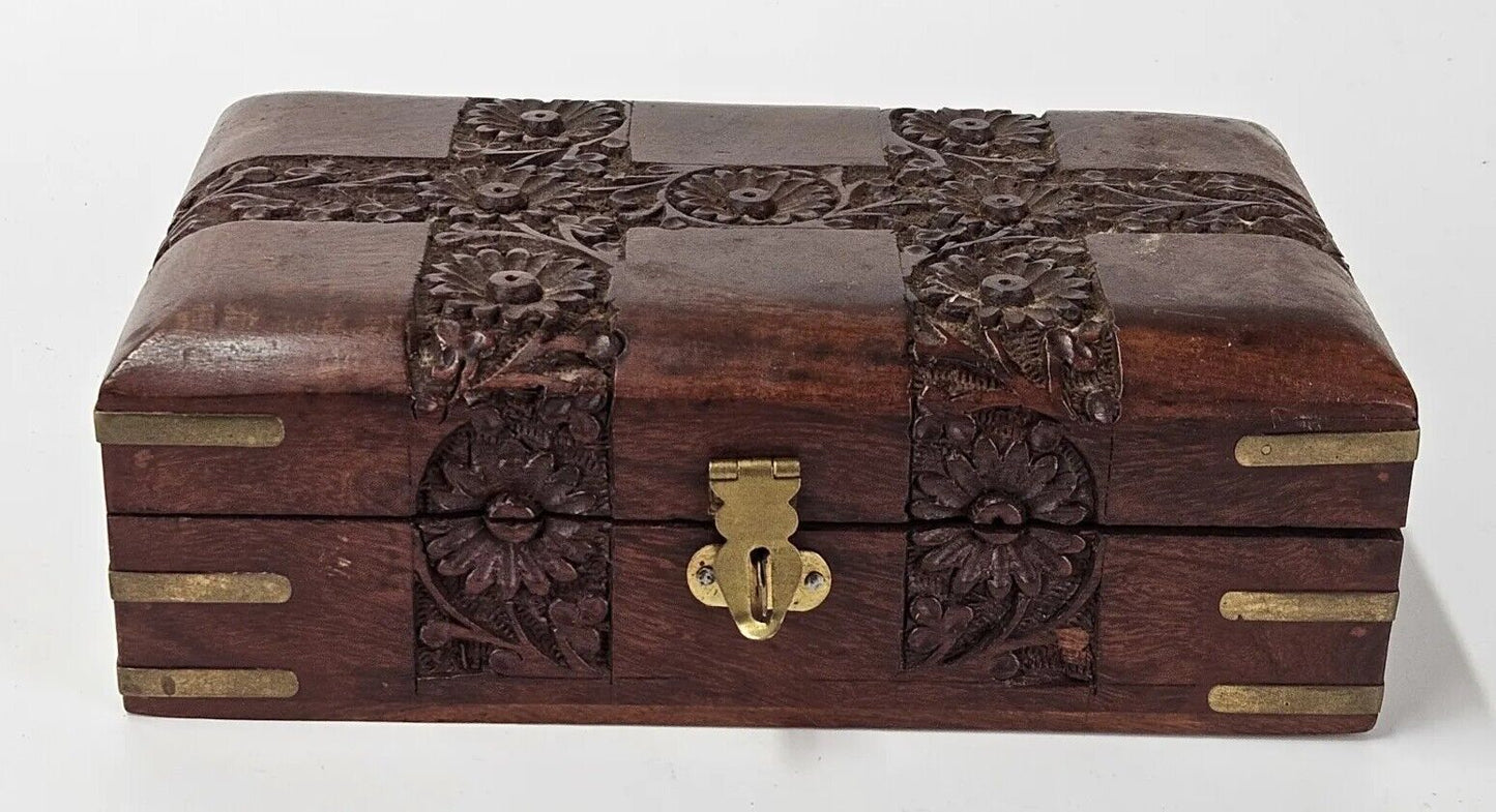 Vintage Hand Carved Floral Inlay Lined Wooden Jewelry Box India Storage Box