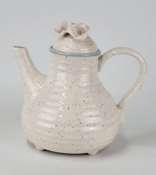 GRASSLANDS ROAD CREAM SPECKLED WITH BLUE RIM POTTERY THROWN TEAPOT