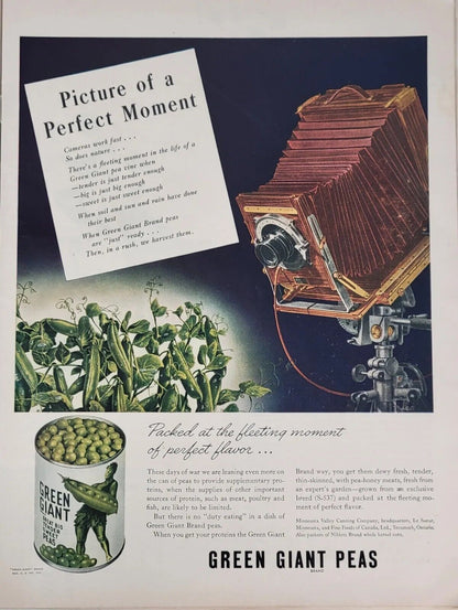 1944 magazine ad for Green Giant Peas Vintage Color