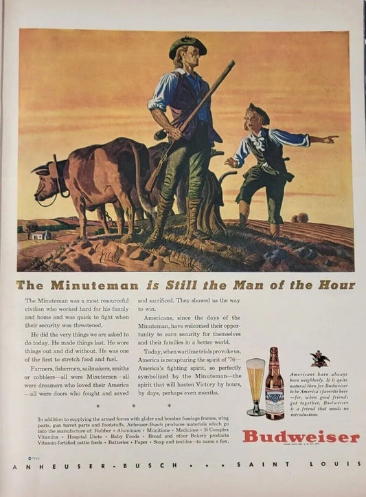 1944 Budweiser Beer The Minuteman art Vintage Print Ad