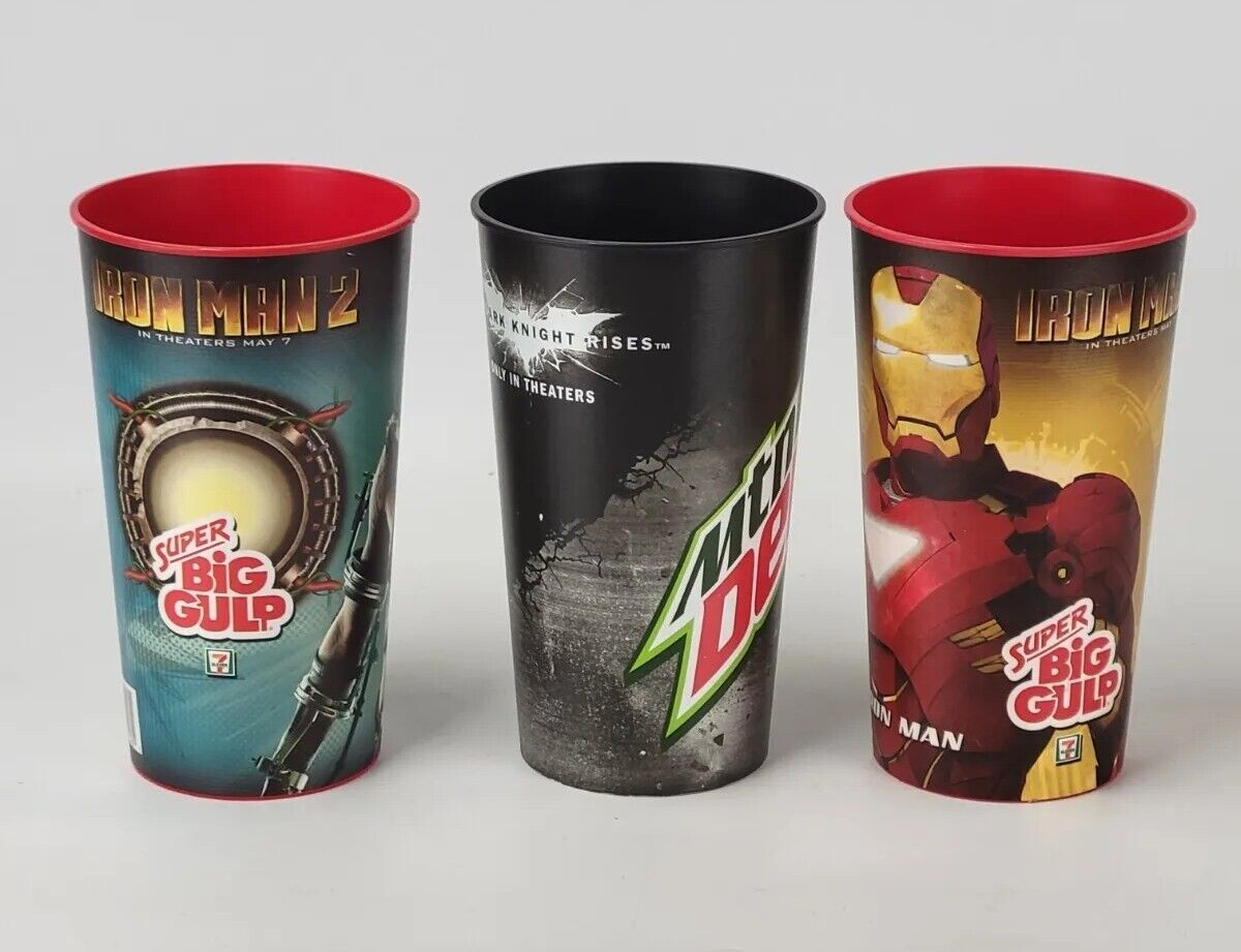 Iron Man 2 Movie 7/11 Promo BIG Gulp 44oz Cup SET: IRON MAN WHIPLASH BATMAN Lot