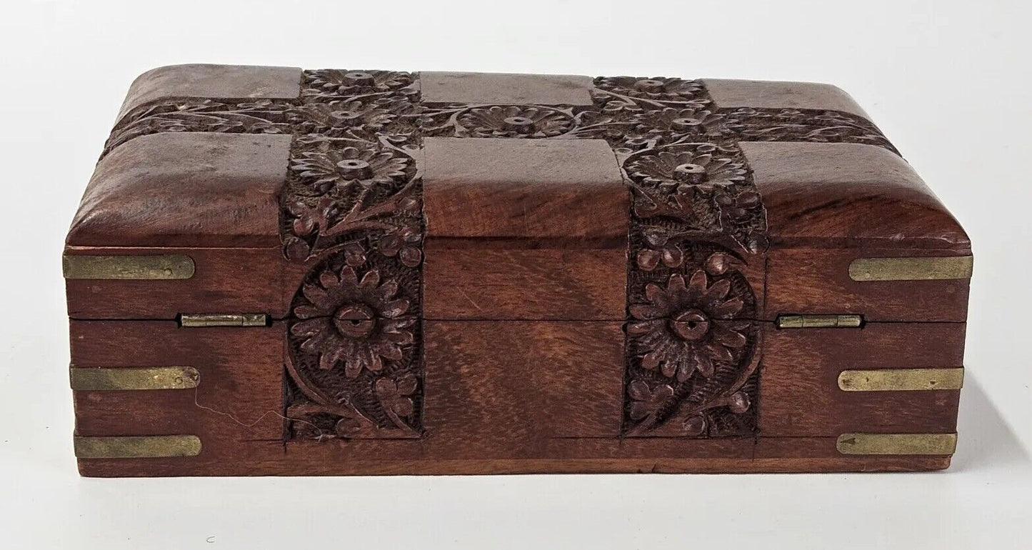 Vintage Hand Carved Floral Inlay Lined Wooden Jewelry Box India Storage Box