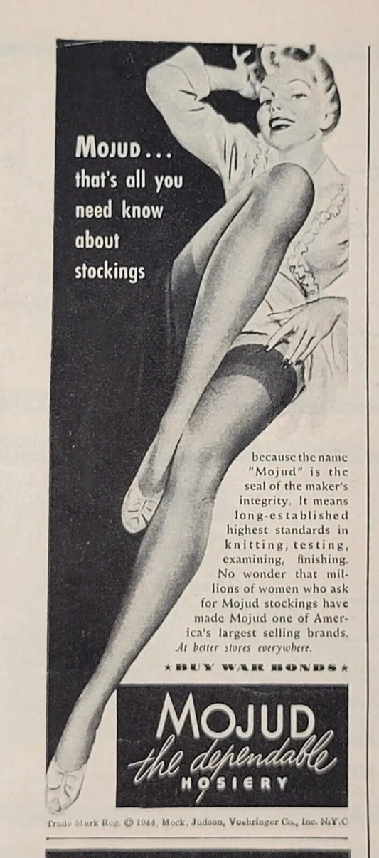 1944 Mojud Hosiery Ladies Stockings Nylons Pinup Girl WWII Vintage Print Ad