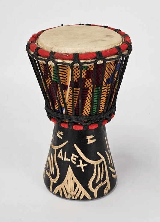 Vintage Hand Crafted Wooden Bongo/Drum Black Rope Brown Leather Drum