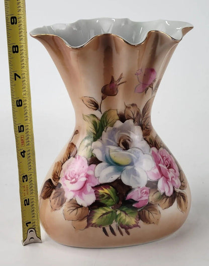 VINTAGE LIPPER AND MANN PINK ROSE VASE 8.5” HANDPAINTED